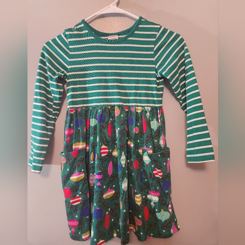 Hanna Andersson Green Striped Christmas Ornament Dress With Pockets 6-7